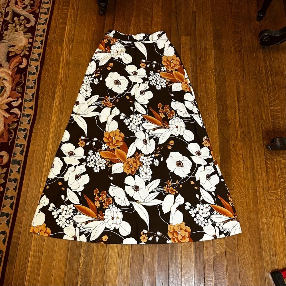 Vintage 70s F.A.Chatta Brown Floral Maxi Skirt 26 Waist - Picture 13 of 14